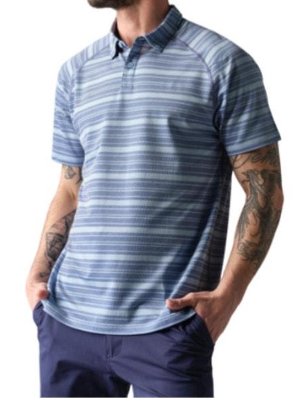 Rhone Delta Pique Polo Shirt Men’s Ocean Blue Stripe Golf Casual Nautical Large